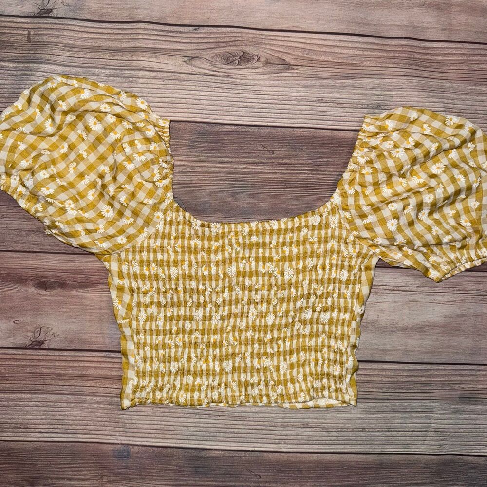 Petal & Pup Gingham Daisy Floral Midle Puff Sleeve Corset Crop Top Size 2 - Picture 5 of 8